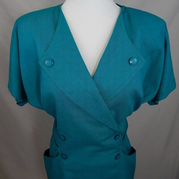Vintage 80s Teal Dress Secretary Retro Linen Double Breasted Sheath Knee Length - Picture 9 of 13